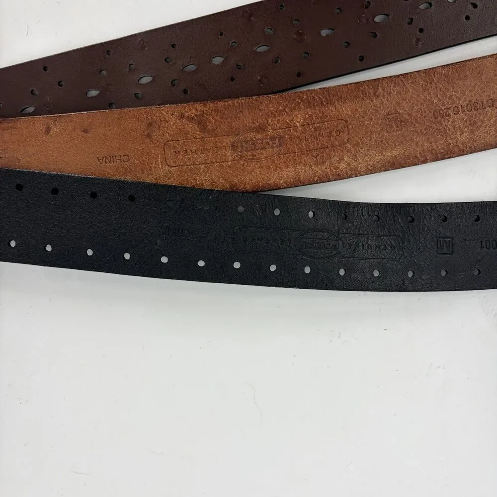 Fossil Belt Lot of 3 Boho Metal Studded Eyelet Genuine Leather Black Brown Y2K